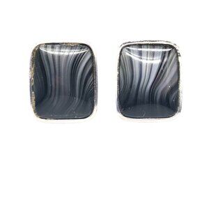 Vintage Black Banded Agate Earrings, Silver Tone Frames with Clip On, Chic Stria